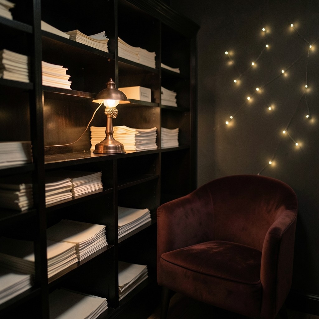 A small night studio with wood shelves, ivory paper, and a copper lamp