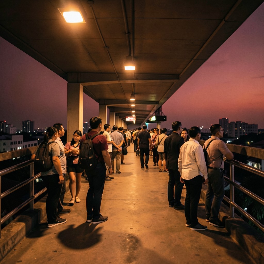 People waiting on an elevated Bangkok station platform in the evening