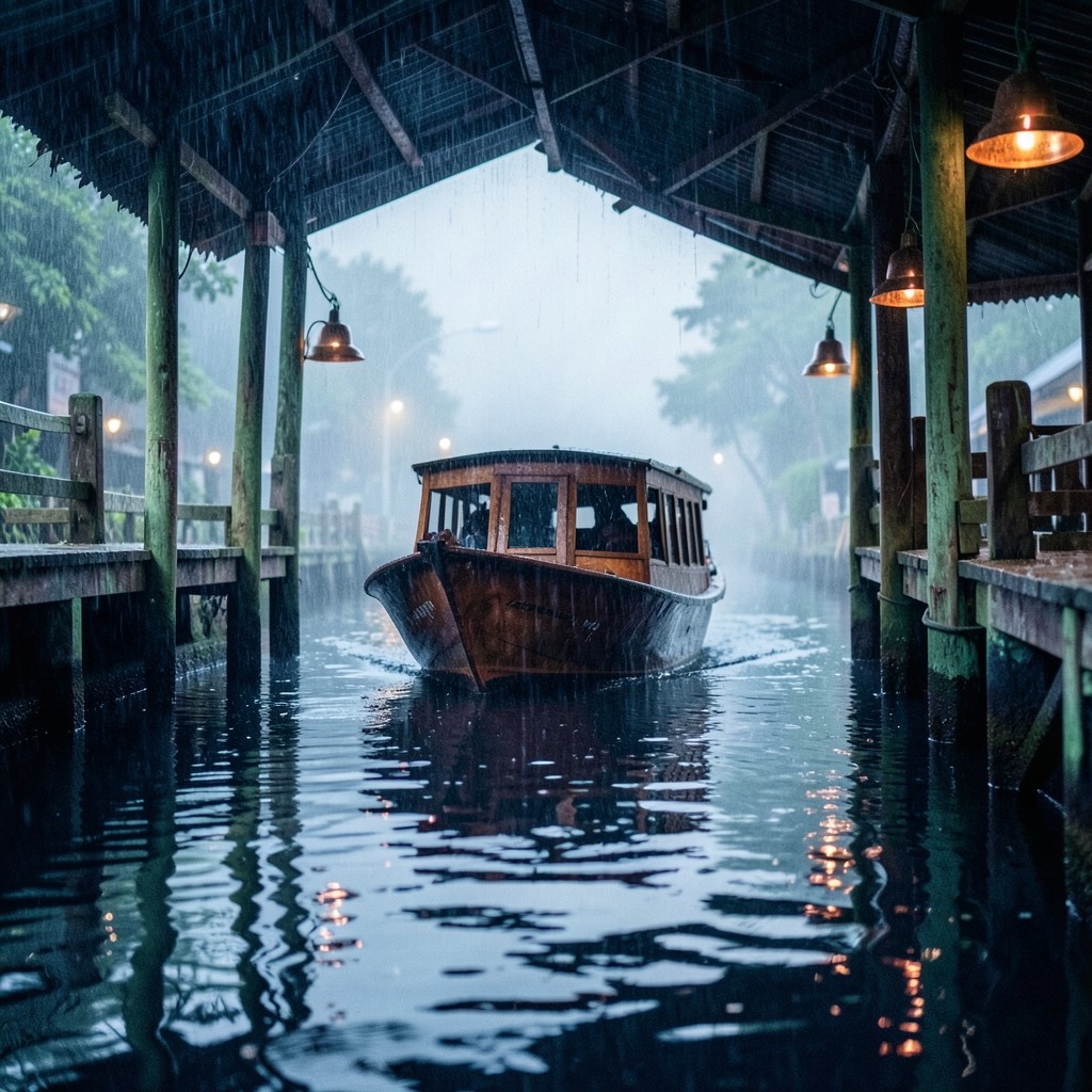 Rain on a Bangkok canal as a narrow boat nears a covered pier