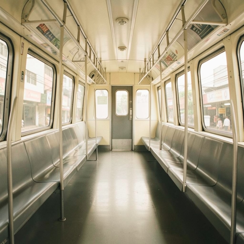 A nearly empty Bangkok skytrain carriage in soft daylight