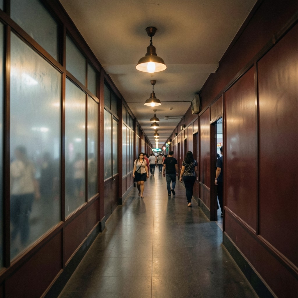 An underground transit corridor in Bangkok with people walking through