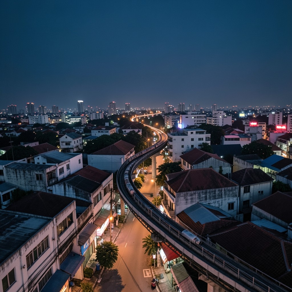 Dusk aerial view of an elevated rail line curving through Bangkok