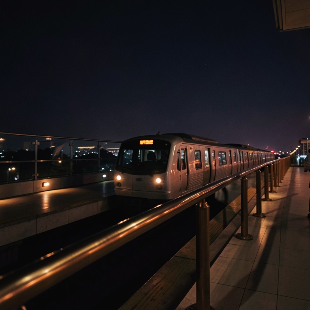 A Bangkok skytrain platform at night, copper light along the edge and a dark train waiting