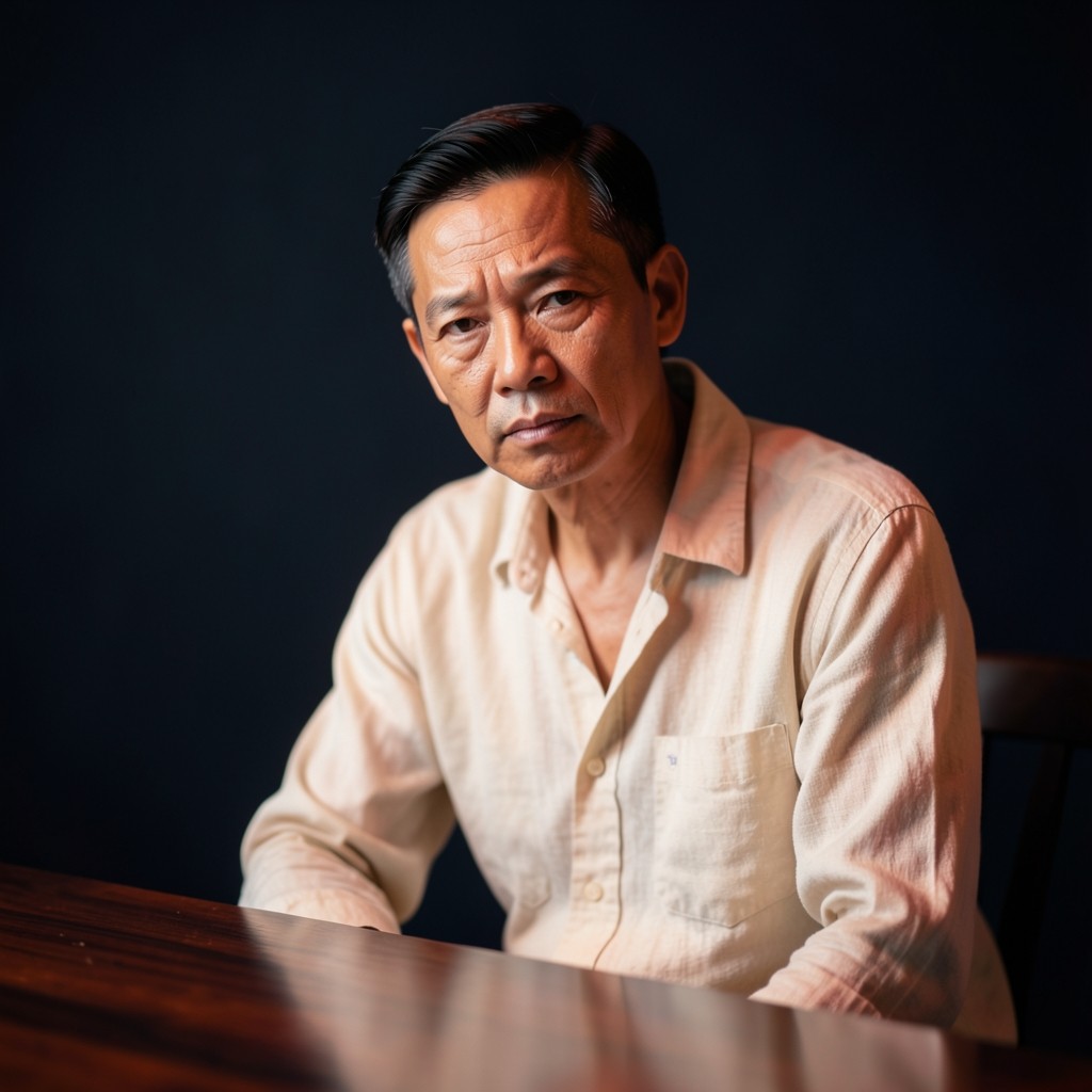 Portrait of Niran Somsak beside a dark wood table