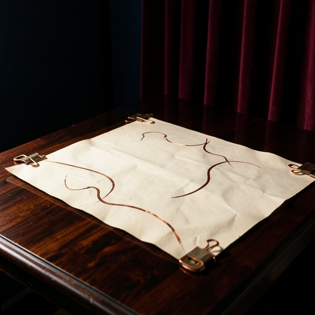 Ivory sheets with copper ink curves spread on a dark wood table