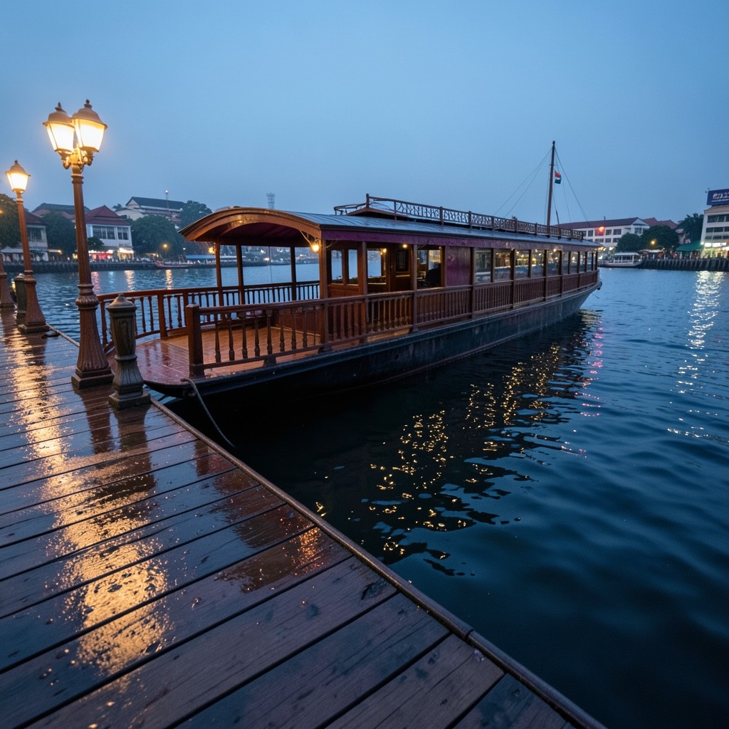 A passenger boat at a wet wooden pier on a Bangkok river at dusk