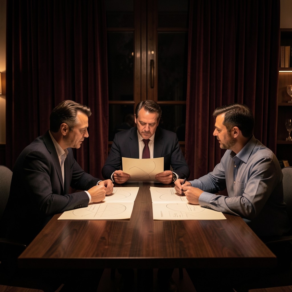 Three people reviewing large printed sheets at a dark wood table