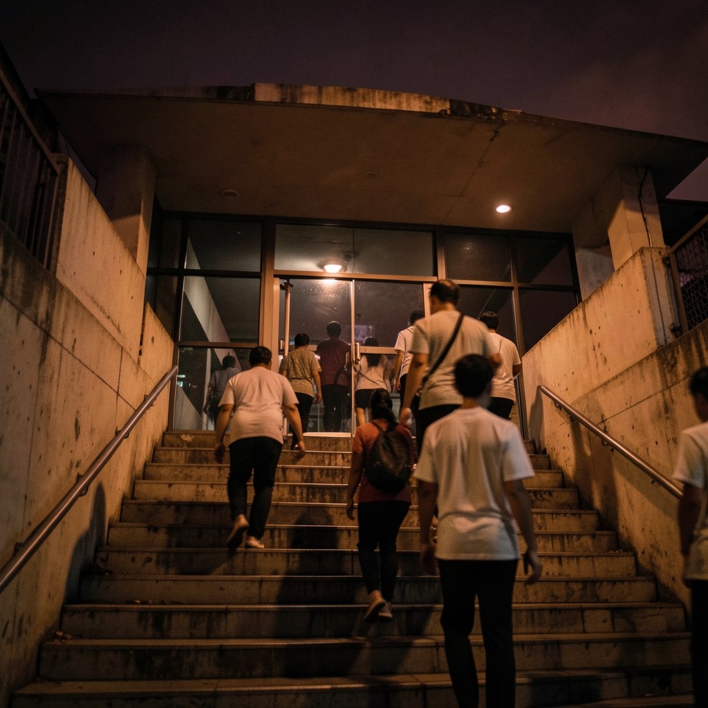 Evening outside a Bangkok transit station stair, commuters seen from behind